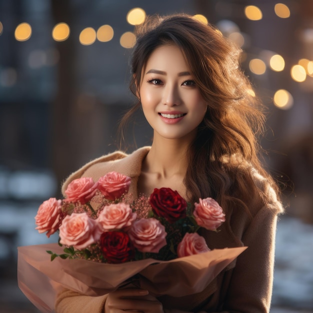 uma linda jovem asiática sorridente recebendo um buquê de rosas