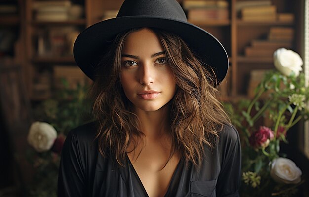 Uma linda jovem com um chapéu preto e uma flor Retrato preto de uma senhora tirada de cima do ponto de desaparecimento