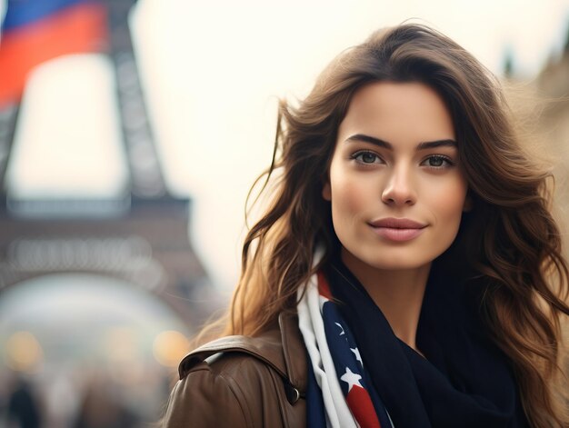 Uma linda jovem francesa e a bandeira da França a sorrir.