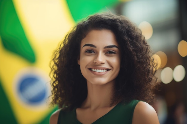 Uma linda jovem mulher do Brasil e uma bandeira do Brasil sorrindo Independente do Brasil