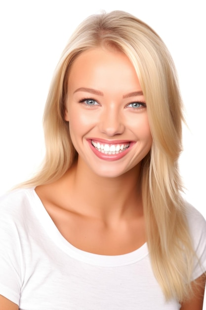 Foto uma linda jovem mulher loira sorrindo para você enquanto isolada em um fundo branco criado com ia generativa