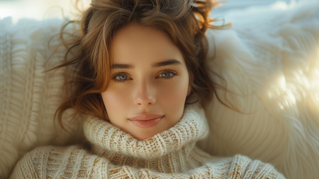 Uma linda jovem sentada em um sofá em casa e olhando para uma câmera Retrato de uma mulher confortável em roupas de inverno relaxando em uma poltrona Retrado de uma linda garota relaxando durante o outono