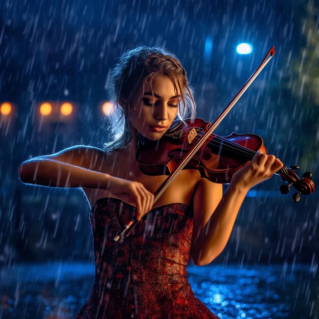 Uma linda jovem tocando violino com intensidade extasiada