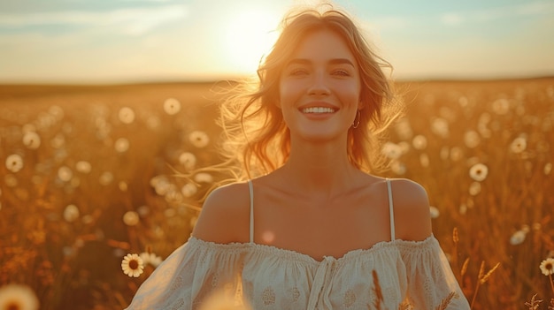 Uma linda jovem vestida corre para um prado encantadora e rindo