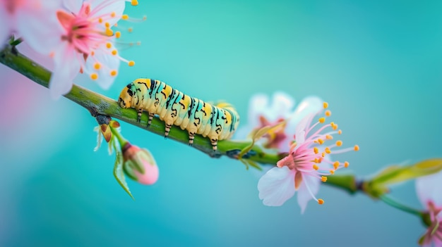 Uma linda lagarta se move no galho de uma cerejeira em flor na primavera