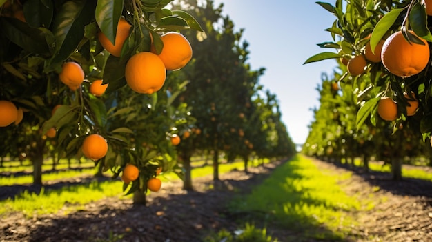 Uma linda laranja em uma plantação de pomares