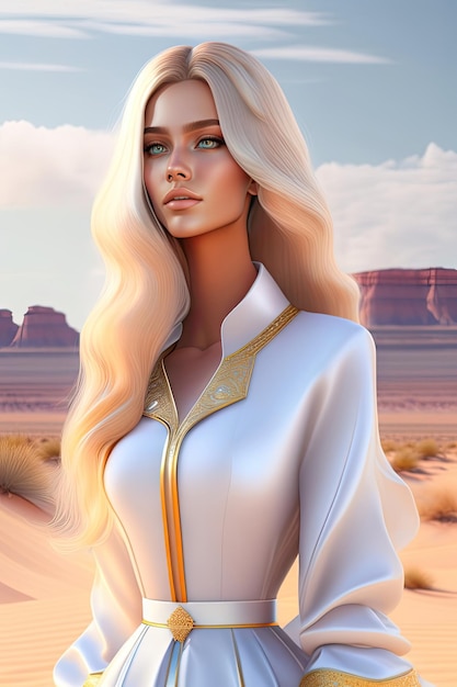Uma linda loira de cabelos compridos olha para o deserto fluindo com roupas brancas ilustração 3d