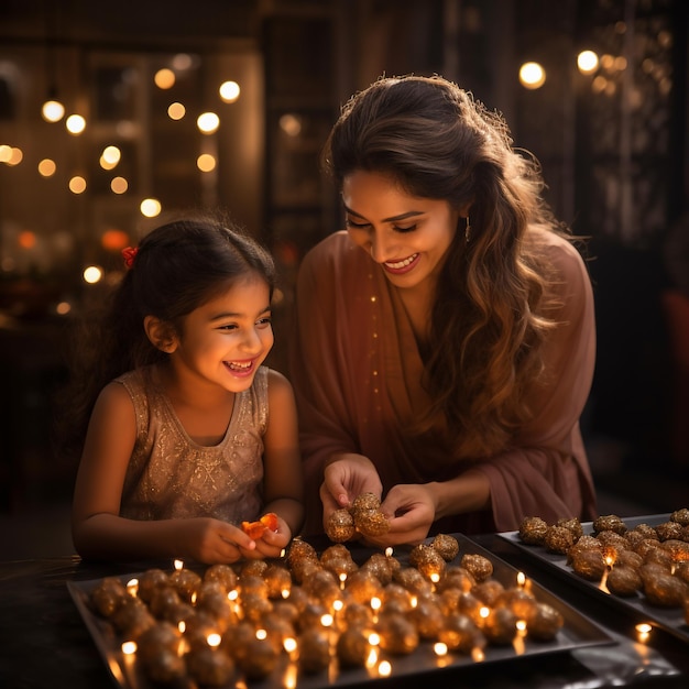 Uma linda mãe e filha escolhendo um laddo