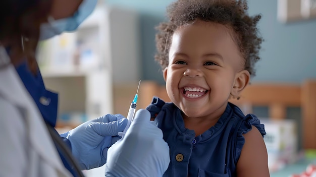 Foto uma linda menina afro-americana a ser vacinada por um médico.