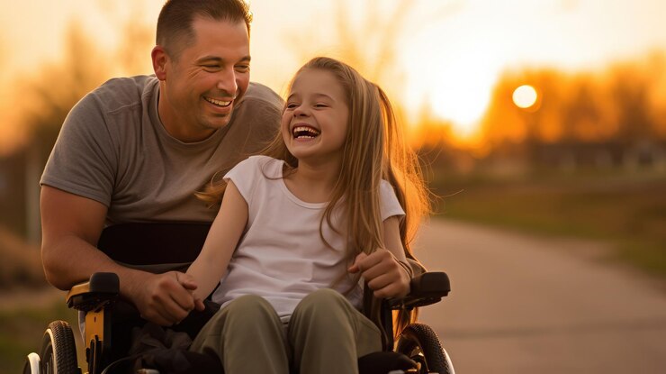 Uma linda menina com deficiência anda numa cadeira de rodas com o pai ao pôr-do-sol Uma criança com deficiência