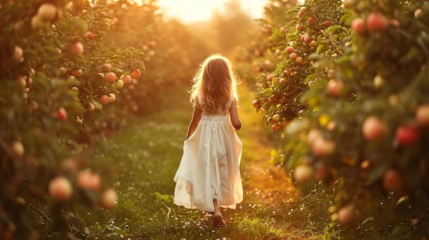 Uma linda menina de cinco anos de idade, com um vestido branco deslumbrante, passeando por um pomar ao pôr-do-sol, exalando o charme da primavera.