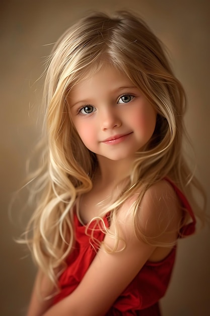 Uma linda menina loira com um vestido vermelho a sorrir.