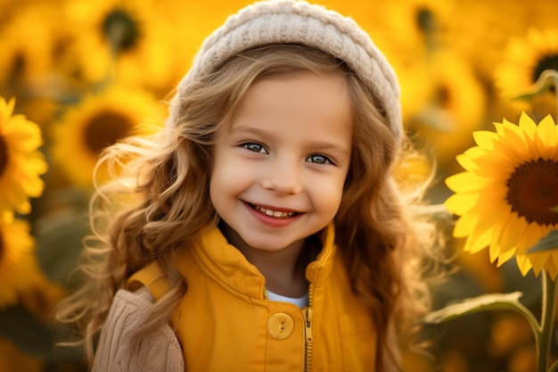 Uma linda menina num prado de girassóis com cabelo enrolado natural