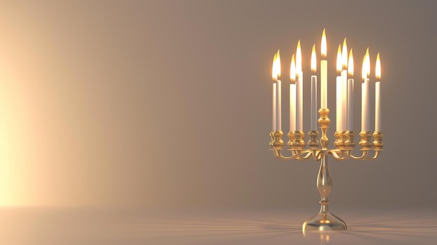 Uma linda menorá dourada com 10 velas A menorá está acesa e há um brilho quente em torno dela O fundo é uma cor neutra suave