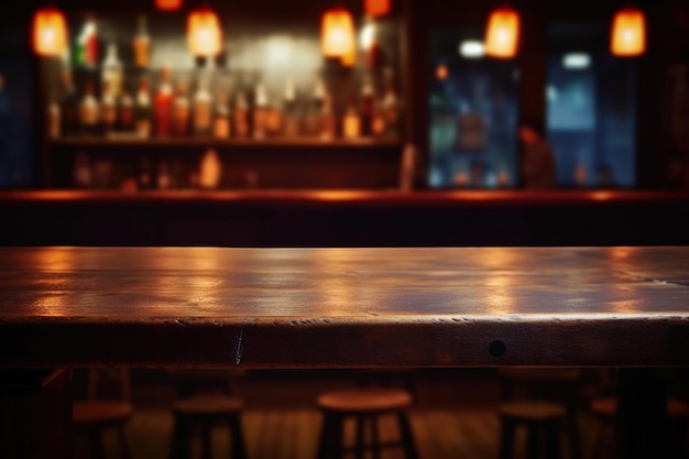 Uma linda mesa em um bar com um bar ao fundo