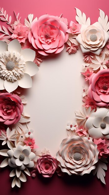 Uma linda moldura de papel rosa e branco com delicados enfeites florais Vertical Mobile Wallpap