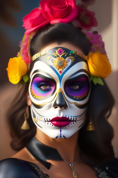 Uma linda morena com uma maquiagem estilizada da máscara La Katrina dia de los muertos_Generative AI_26