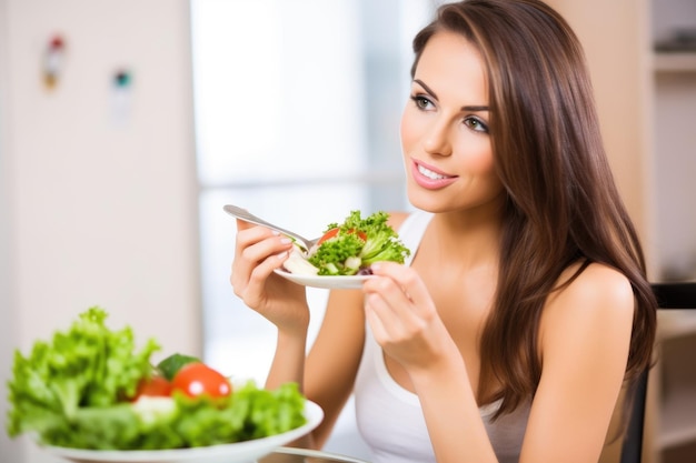 Uma linda morena comendo uma salada saudável criada com IA generativa