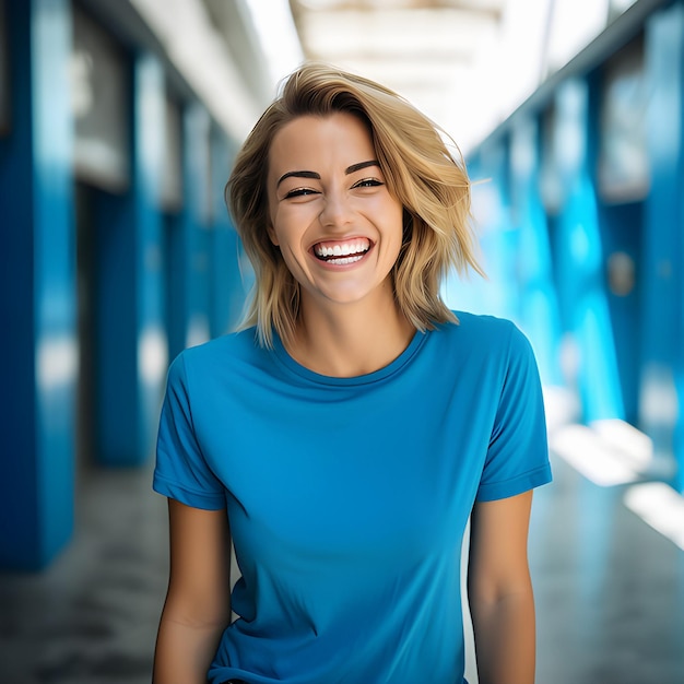 Uma linda mujer de cabelos loiros com um lindo sorriso e roupas casuais