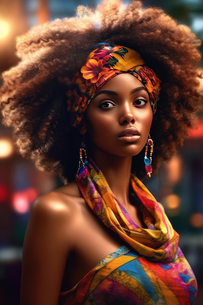 uma linda mulher afro-americana com roupas africanas cabelo afro AI Generate