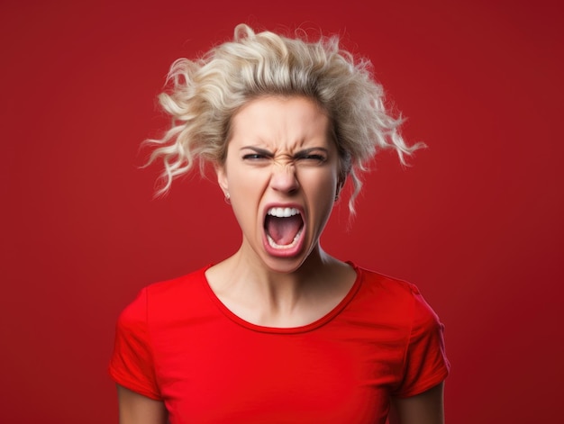 Foto uma linda mulher americana mostrando fundo vermelho de raiva