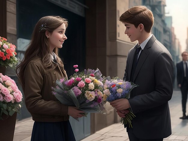 uma linda mulher apresenta um buquê de flores para seu amigo gerado por IA