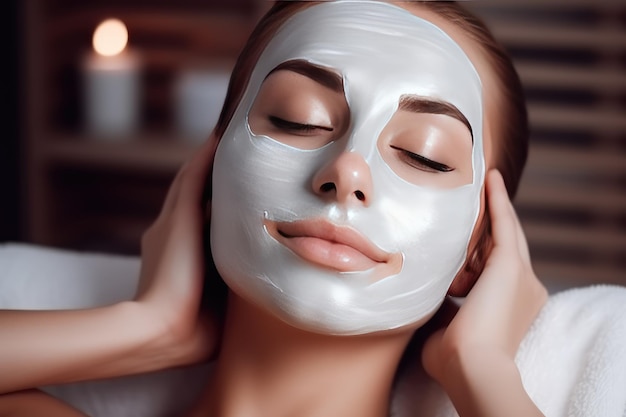 Uma linda mulher asiática desfrutando de tratamento facial com máscara branca completa no spa de beleza