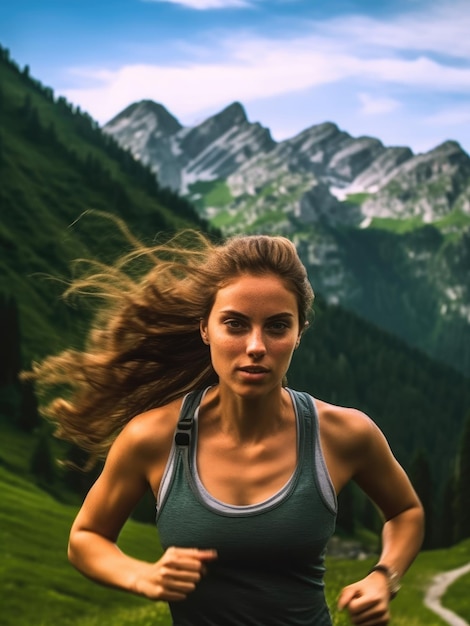 Uma linda mulher atlética corre em uma área de montanhas