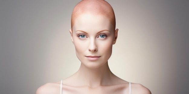Uma linda mulher careca passando por quimioterapia na prevenção e tratamento do câncer de mama