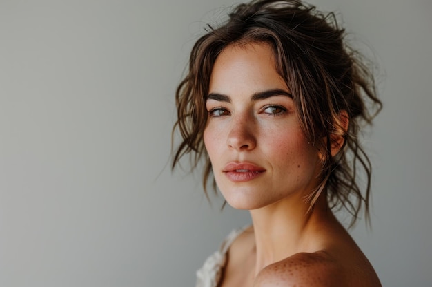 Uma linda mulher com cabelo castanho e vestido branco