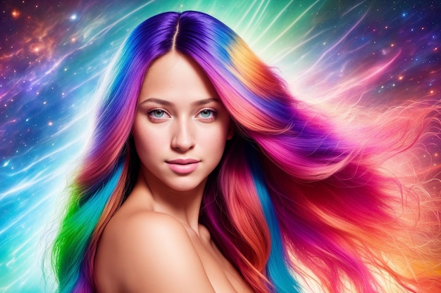 Uma linda mulher com cabelo multicolorido olha para a câmera contra o pano de fundo de um céu cósmico colorido com estrelas e planetas Generative AI