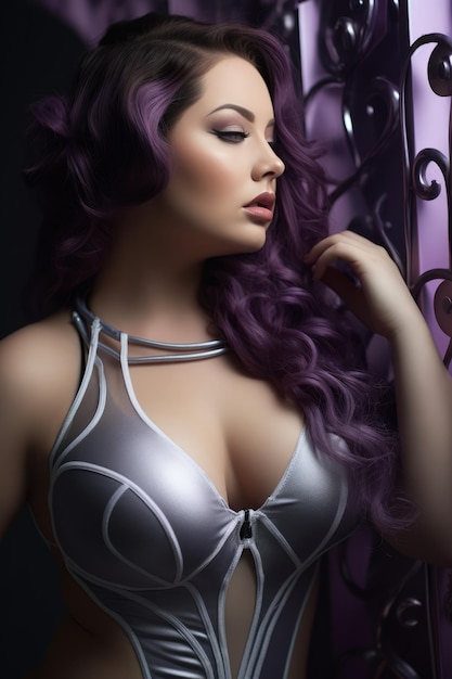 uma linda mulher com cabelo roxo posando em uma roupa prateada