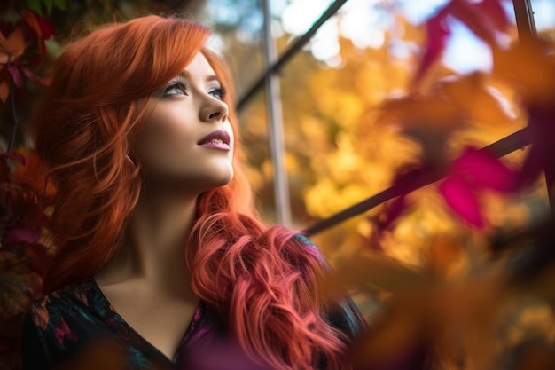 Foto uma linda mulher com cabelo vermelho olhando pela janela