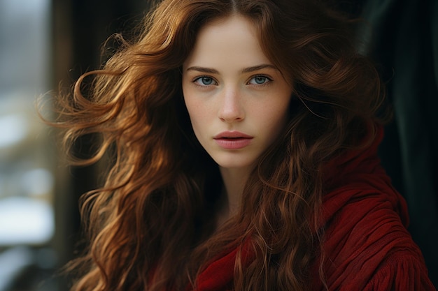 uma linda mulher com longos cabelos ruivos e olhos azuis