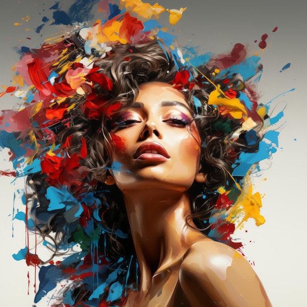 Foto uma linda mulher com respingos de tinta colorida no rosto