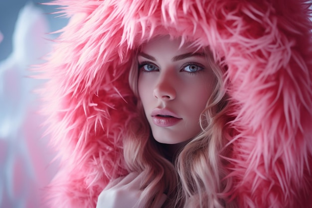 uma linda mulher com um casaco de pele rosa