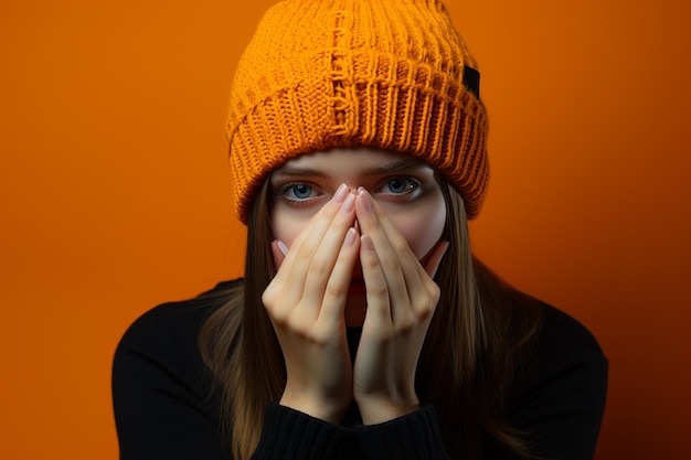 uma linda mulher com um chapéu de malha laranja está rindo em fundo laranja