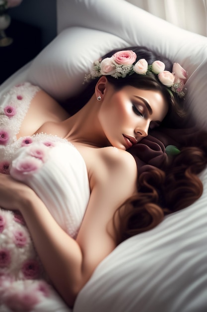 Uma linda mulher com uma coroa de flores dorme em uma cama branca.