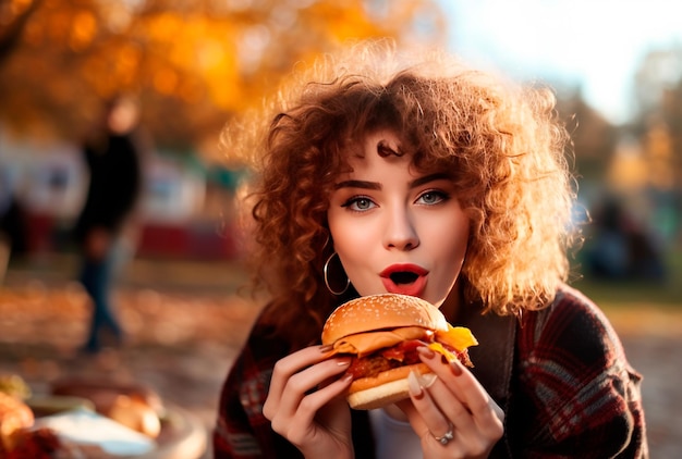 uma linda mulher comendo hambúrguer