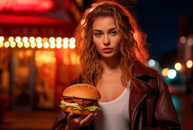 Foto uma linda mulher comendo hambúrguer