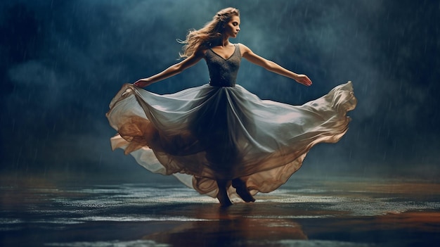 Uma linda mulher dançando no mar e silhueta ao pôr do sol The Generative AI