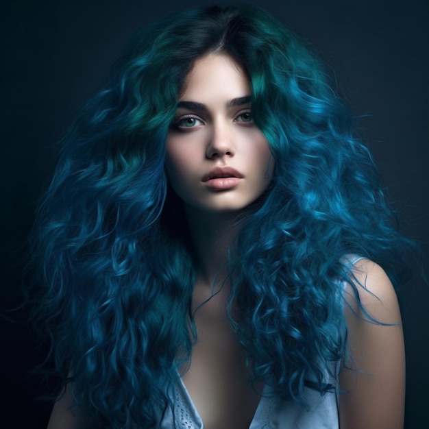 Uma linda mulher de cabelo azul