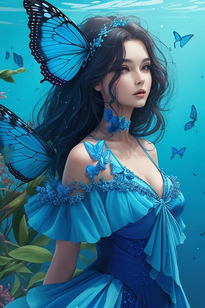 Uma linda mulher em um vestido de borboleta azul oceano ilustrações Generative AI