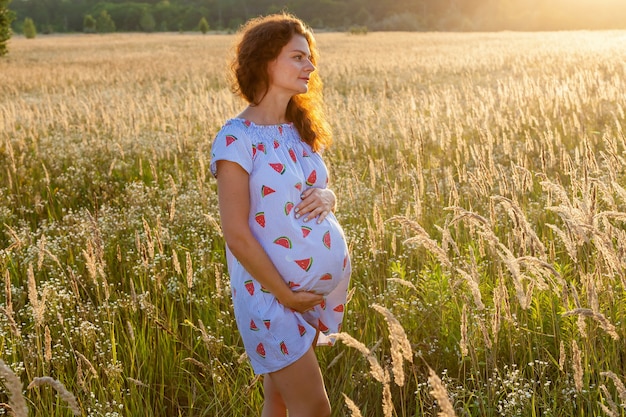 Uma linda mulher grávida em um lindo vestido está de pé no campo de trigo ao pôr do sol. Sessão de fotos da família grávida na natureza.