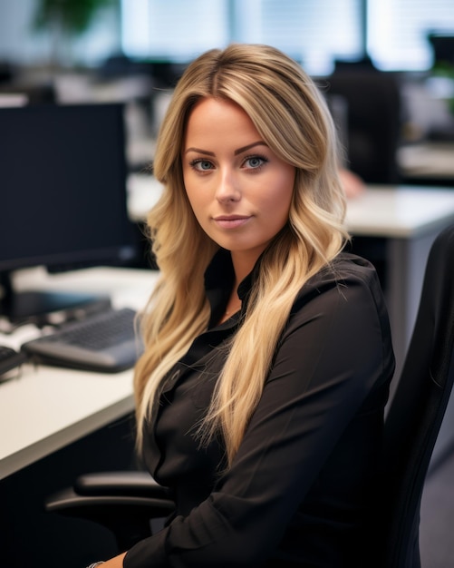 uma linda mulher loira sentada em uma mesa em um escritório