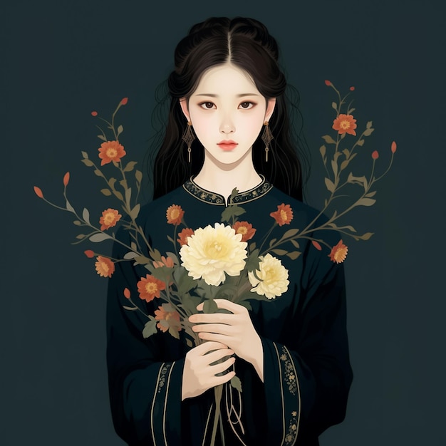 Uma linda mulher ou garota de anime segurando flores nas mãos geradas por IA