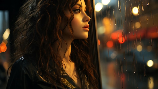 Uma linda mulher pensativa olha pela janela à noite durante a chuva gerada pela IA