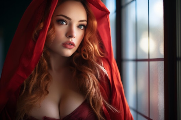 uma linda mulher ruiva em um manto vermelho
