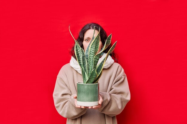 Uma linda mulher segurando um vaso com plantas cobras na parede vermelha