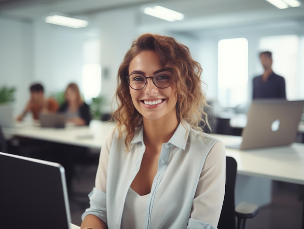 Uma linda mulher trabalhando em um laptop sorrindo com confiança